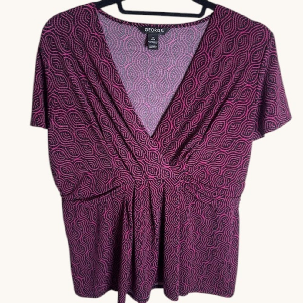 George Womens Pink Black Geometric Swirl V-Neck Empire Waist Blouse Large 12-14‎